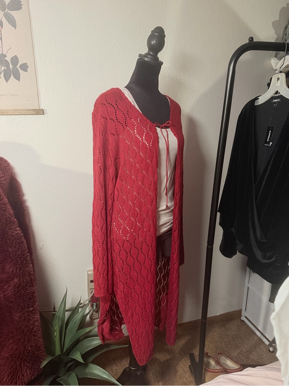 Vintage Red Open Knit Long Cardigan Sweater PL